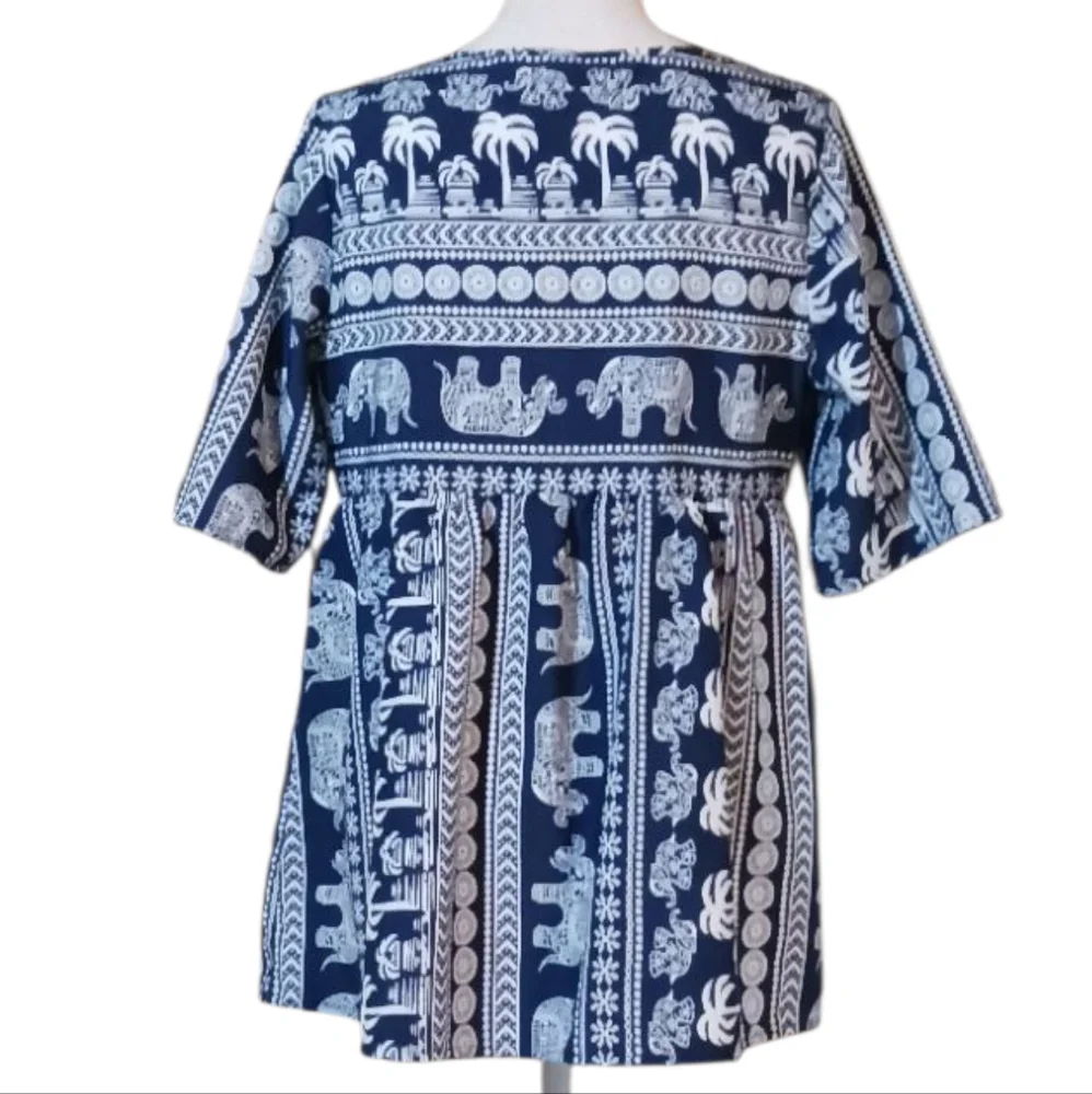 Tropical Tunic Top Empire Waist Blue & White Short Sl. Cool Loose Fit Women's M - Picture 3 of 5